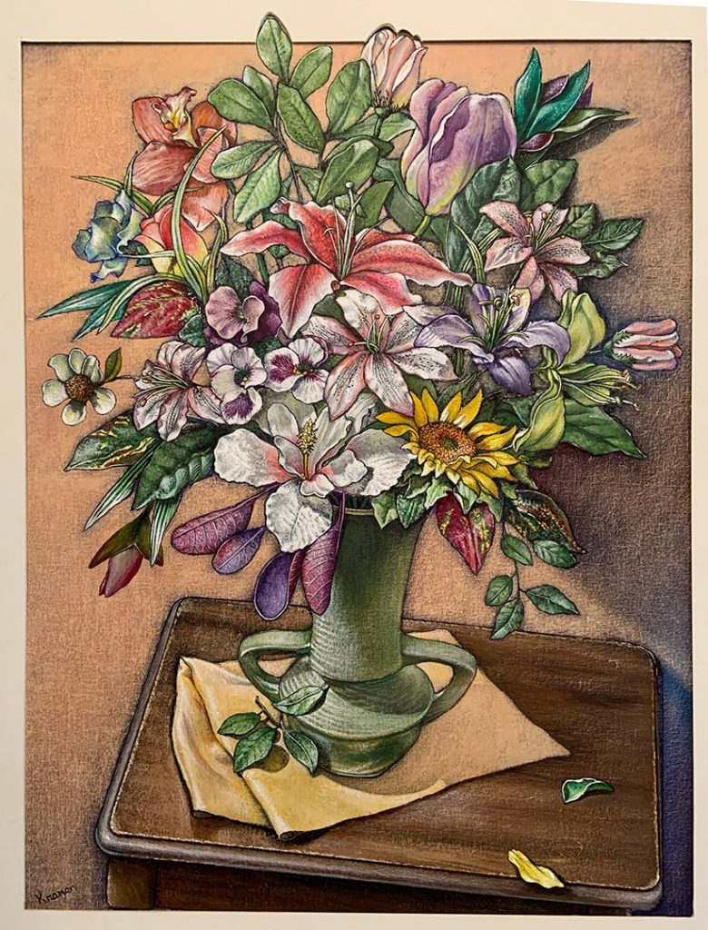 Painting of flowers in a mint green vase with low handles on a yellow cloth
