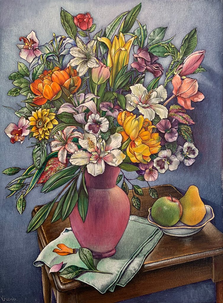 Painting of flowers in a rose colored vase with a bowl with a apple and pear
