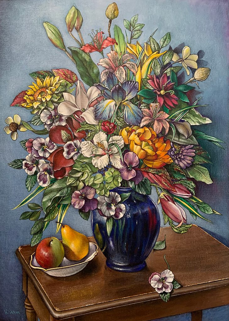 Painting of flowers in a blue vase with a bowl with a apple and pear