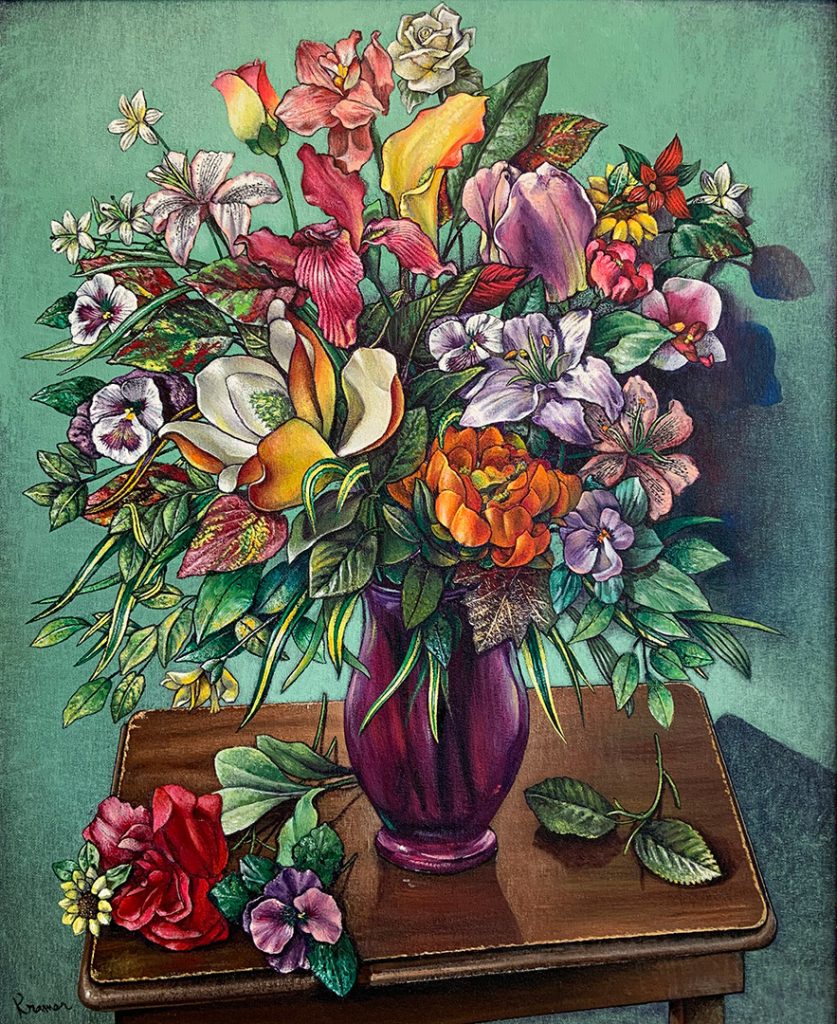 Painting of flowers in a purple glass vase