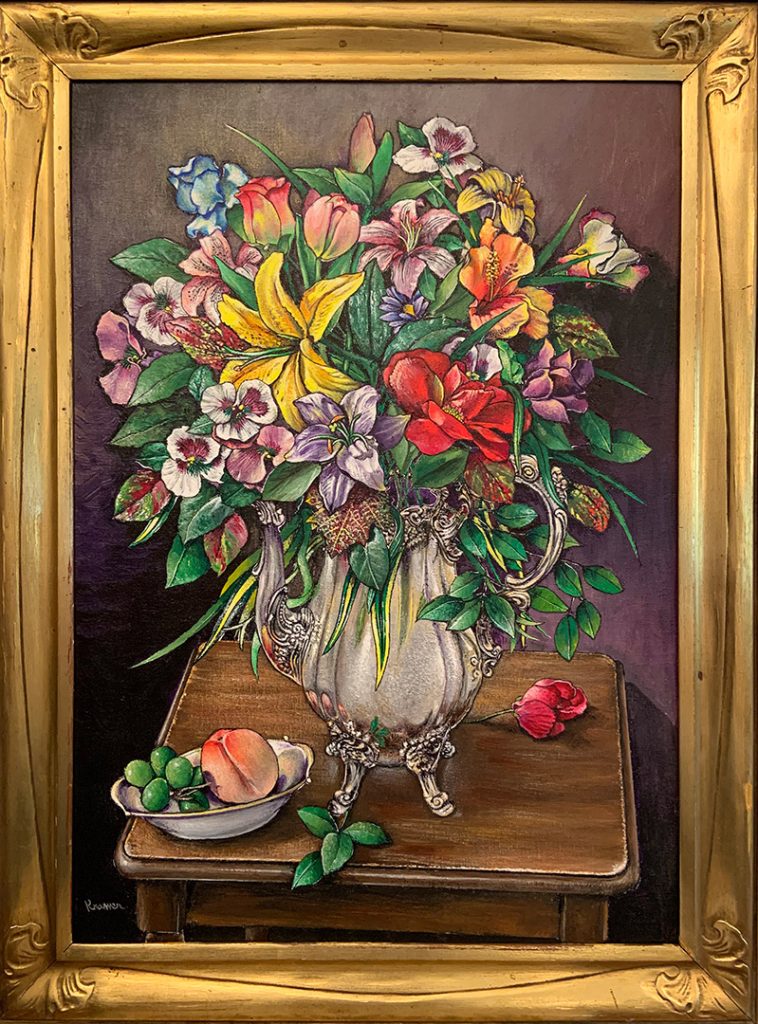 Painting of flowers in a metal pitcher with a bowl with a peach and grapes