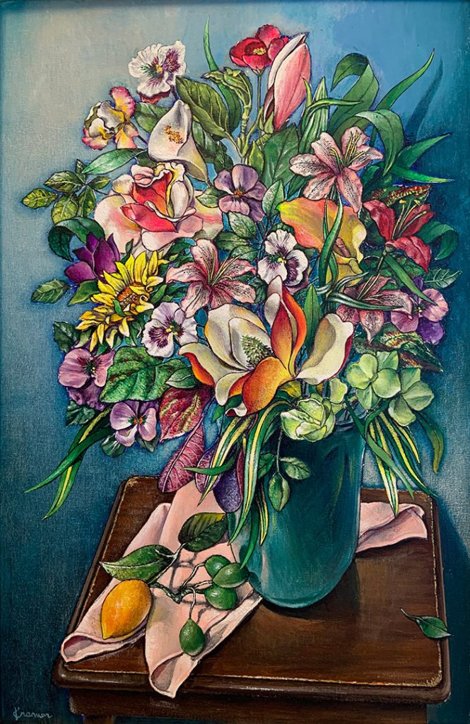 Painting of a scene on a table with blue-green vase of flowers.