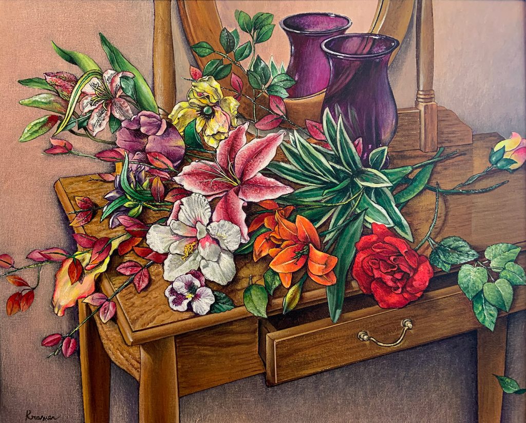 Painting of a scene on a table with an empty purple vase, and there are flowers laying on the table. there is a mirror attached to the back of the table.