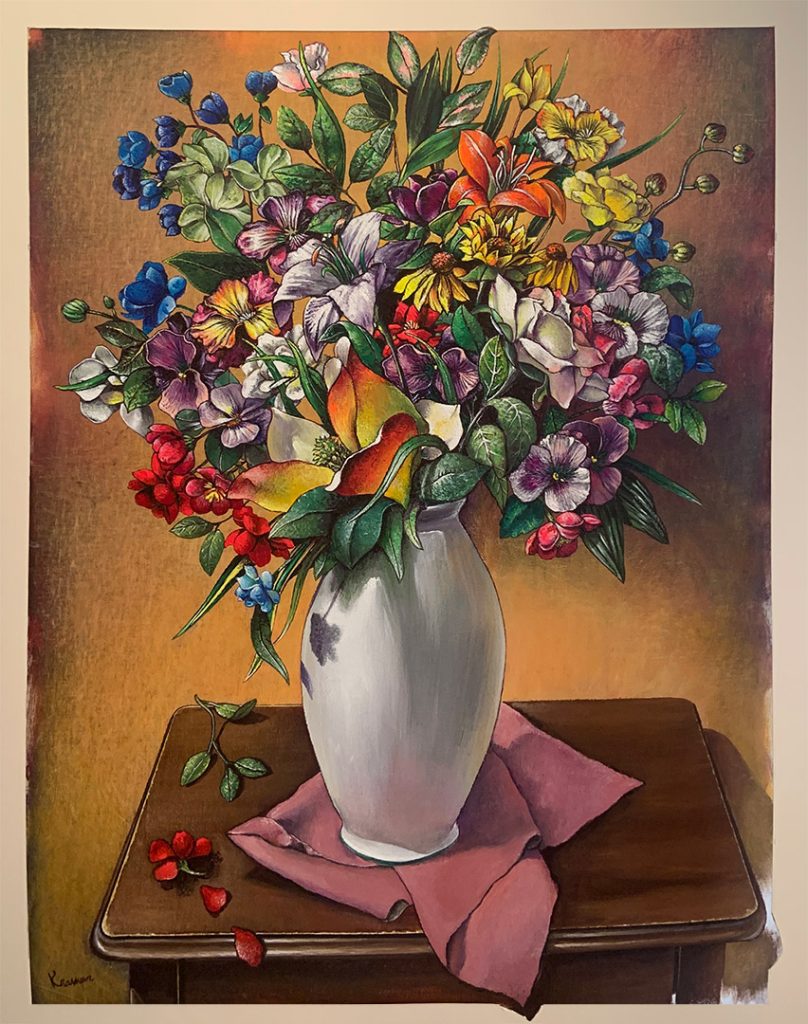 Painting of a scene on a table with a white vase of flowers.