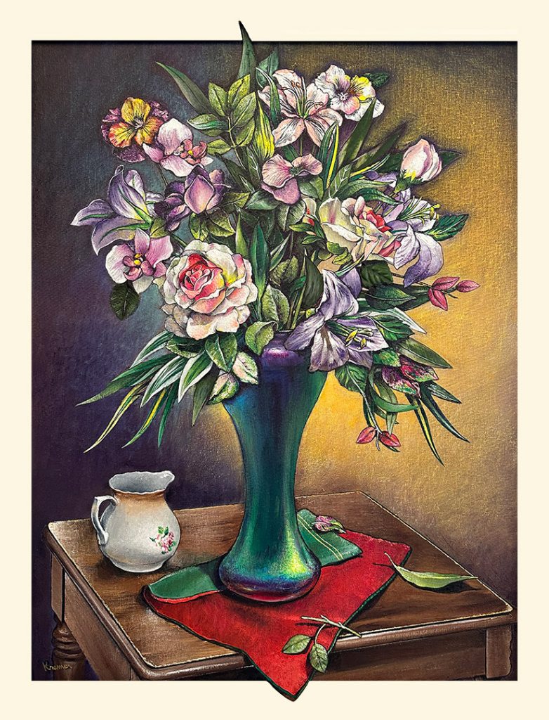 Painting of a shiny green vase of flowers with a small pitcher on the left side.