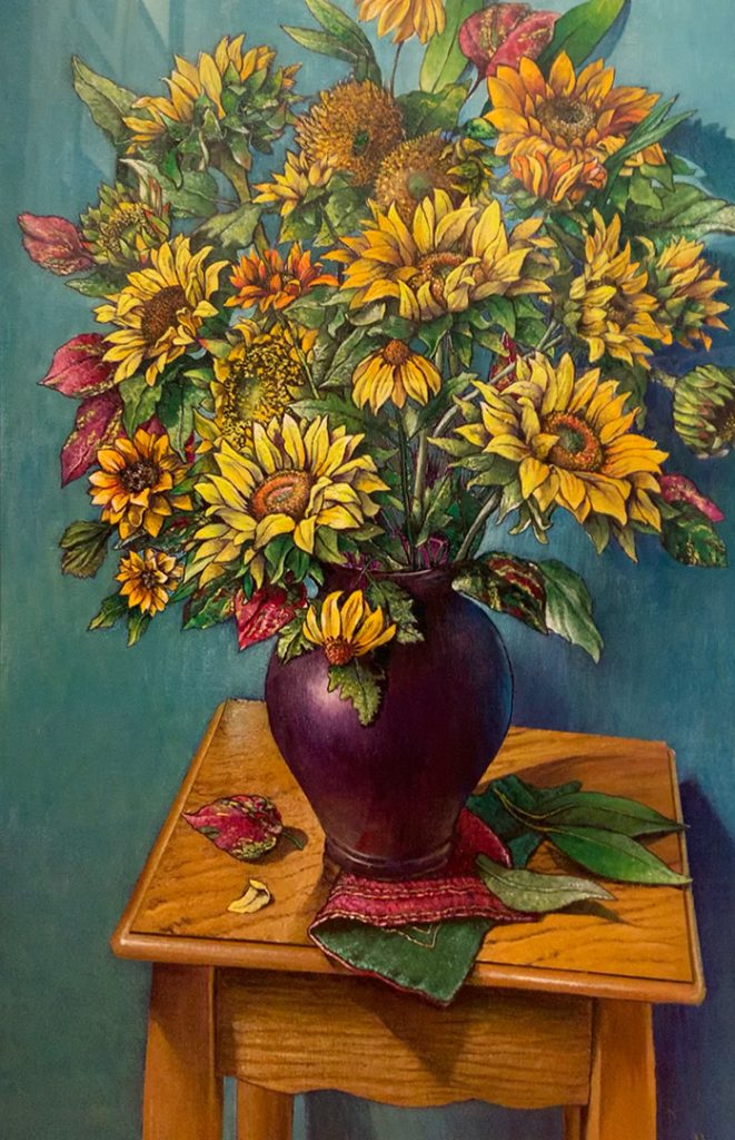 Painting of a purple vase with sunflowers.