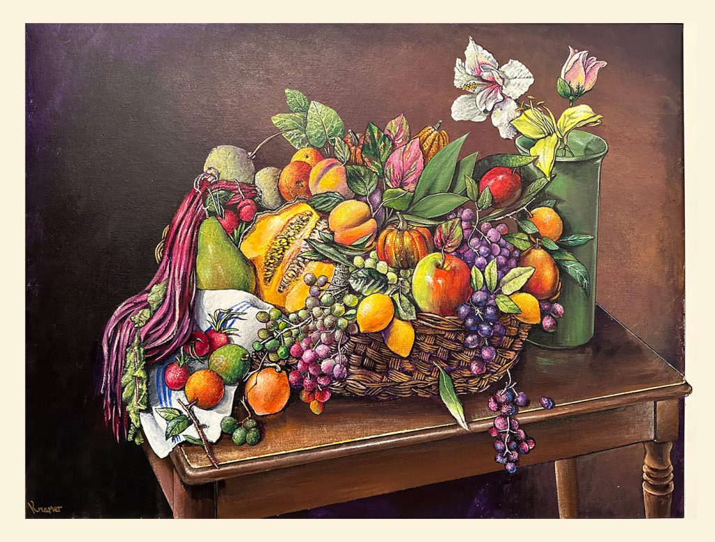 Painting of a scene on a table with basket of vegetables fruit and a vase with flowers on the right side