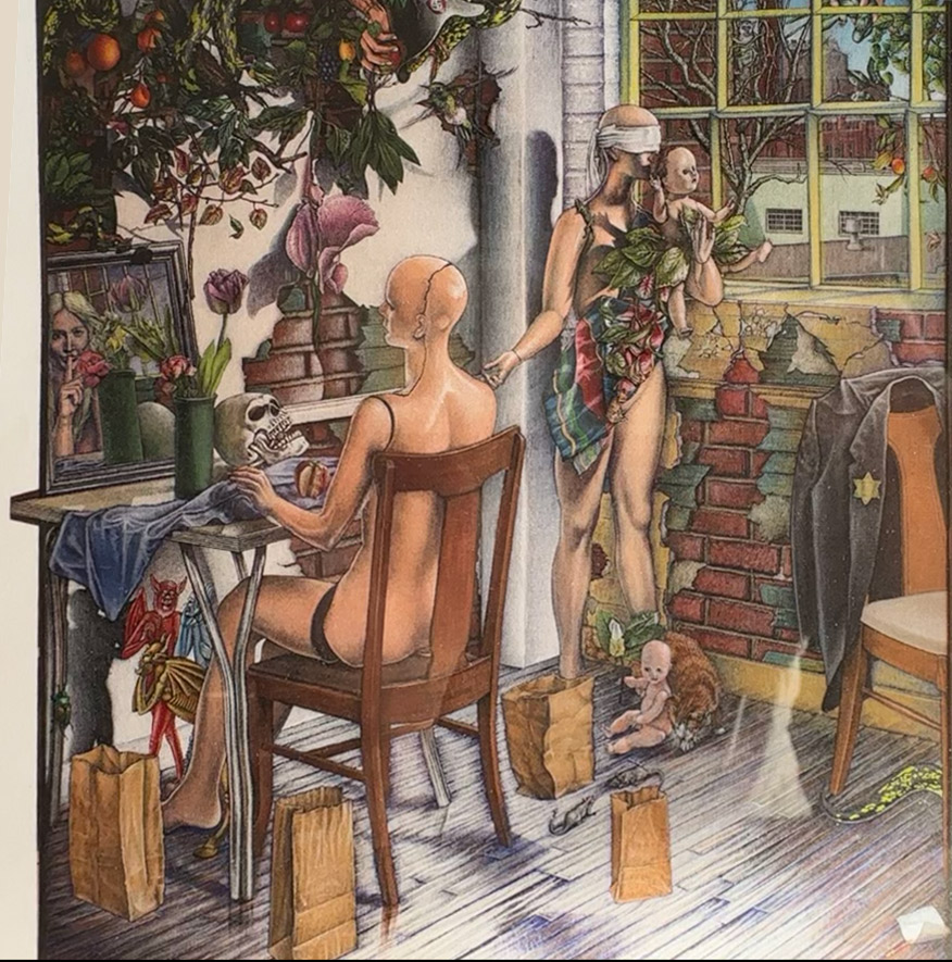 Painting of a scene in a room with a seated and a standing mannequin. the standing mannequin has a baby doll, the seated mannequin is at a desk with a vase of flowers, a skull and a mirror. a blonde woman is reflected in the mirror.
