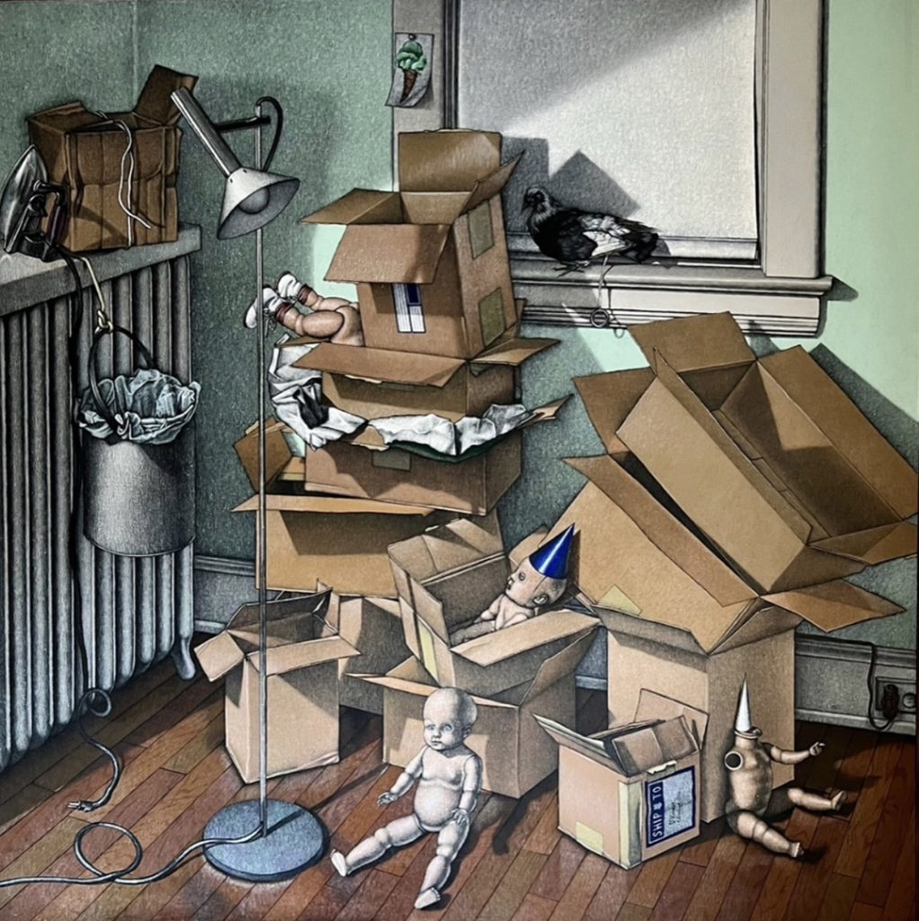 Painting of a scene with a radiator, a lamp, a pigeon on a window sill, and piles of boxes with baby dolls, some with dunce caps.