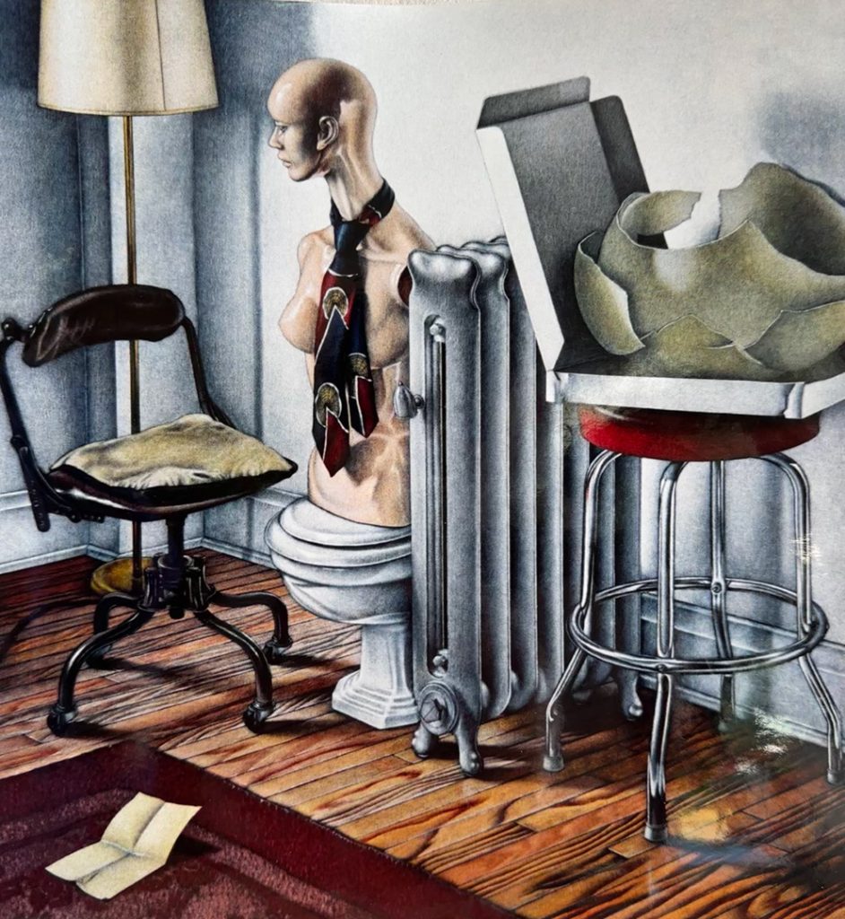 Painting of a room scene with a lamp, a chair, a mannequin torso with a head, a radiator and a stool