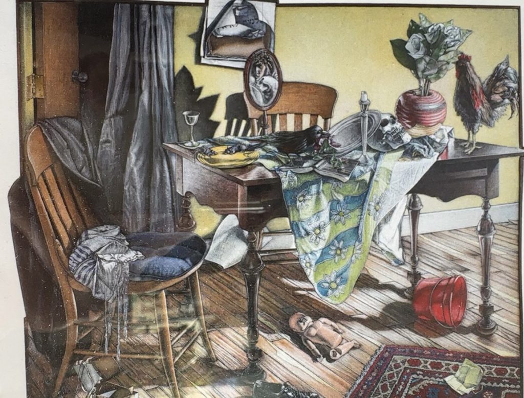Painting of a scene on a table with a mirror, a rooster, a crow, a goblet, mice on a yellow plate, a plate resting on a human skull, an open book facing down and flowers. there is a red pail on the floor and a broken baby doll.