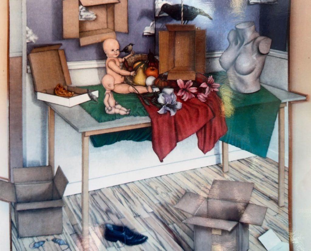 Painting of a scene on a table with a mannequin bust, baby dolls, boxes and flowers. There are mice, a shoe and a box on the floor.